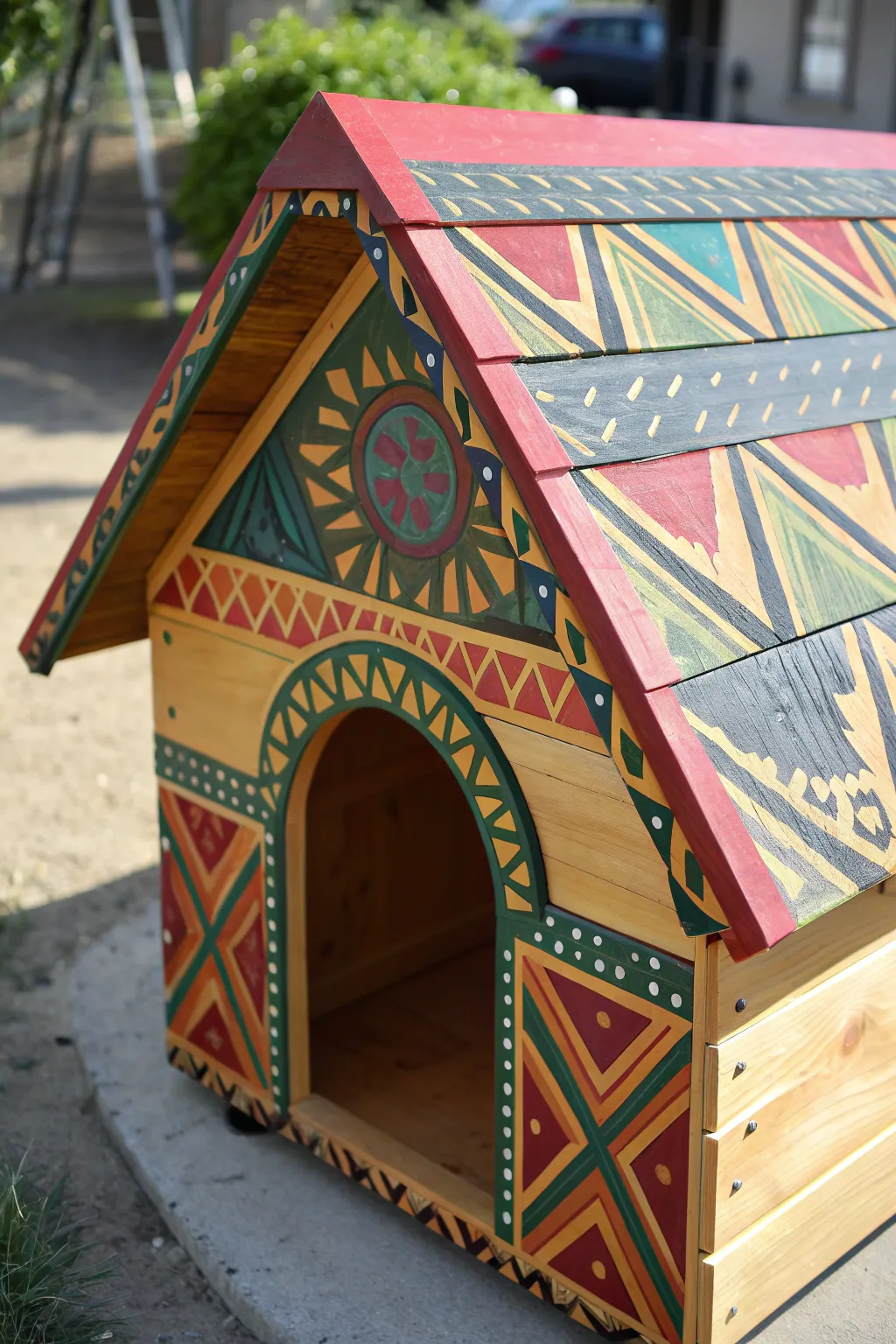 Transform your dog's house into a masterpiece with painted plywood roofing.
