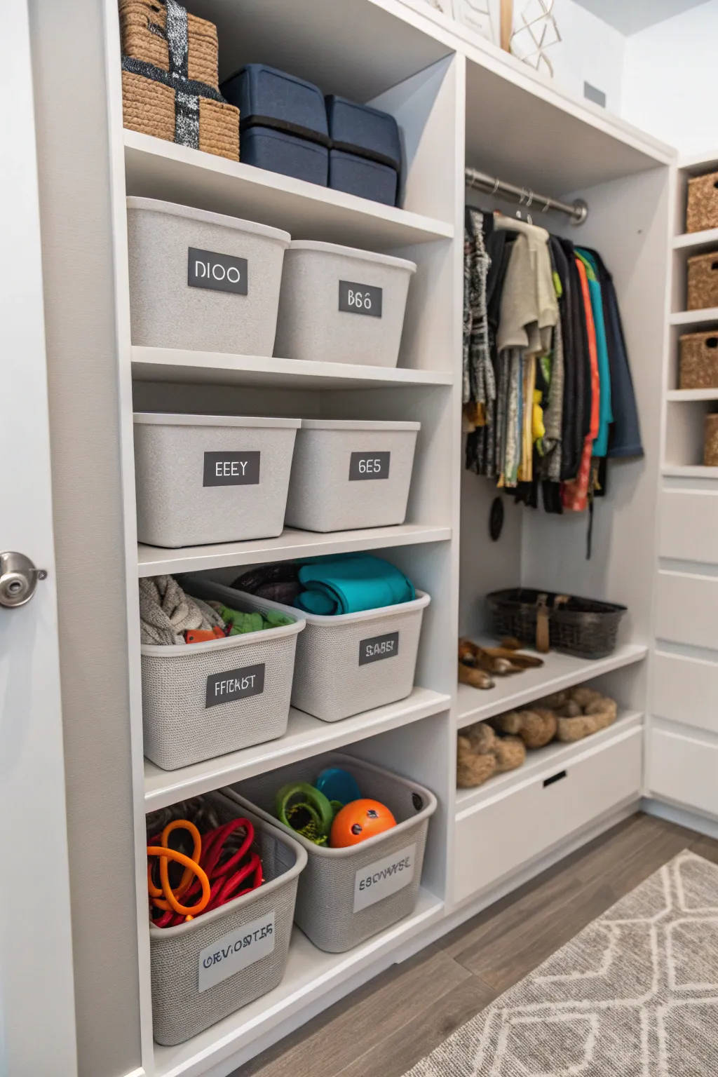 Efficient stackable bins for organizing dog supplies, maximizing closet space.