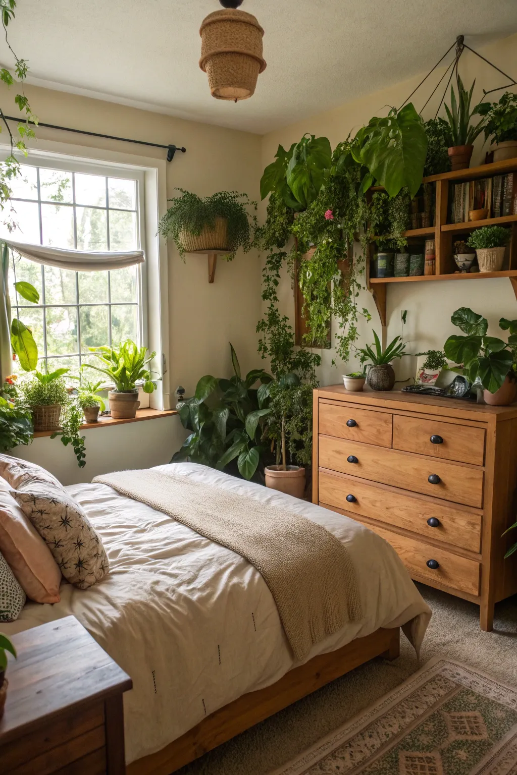 Plants and wooden furniture bring warmth and a touch of nature to this bedroom.