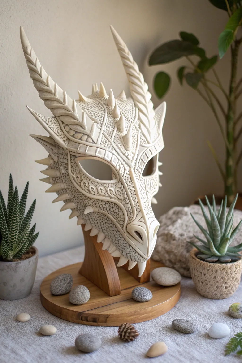 Experience the fusion of technology and artistry with a 3D printed dragon mask that captivates with its detailed craftsmanship and minimalist elegance.