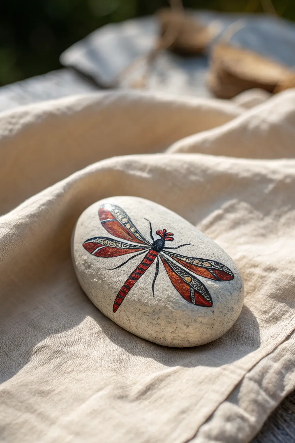 Discover the art of symmetry with this stunning dragonfly painted rock, where bold colors meet minimalist elegance.