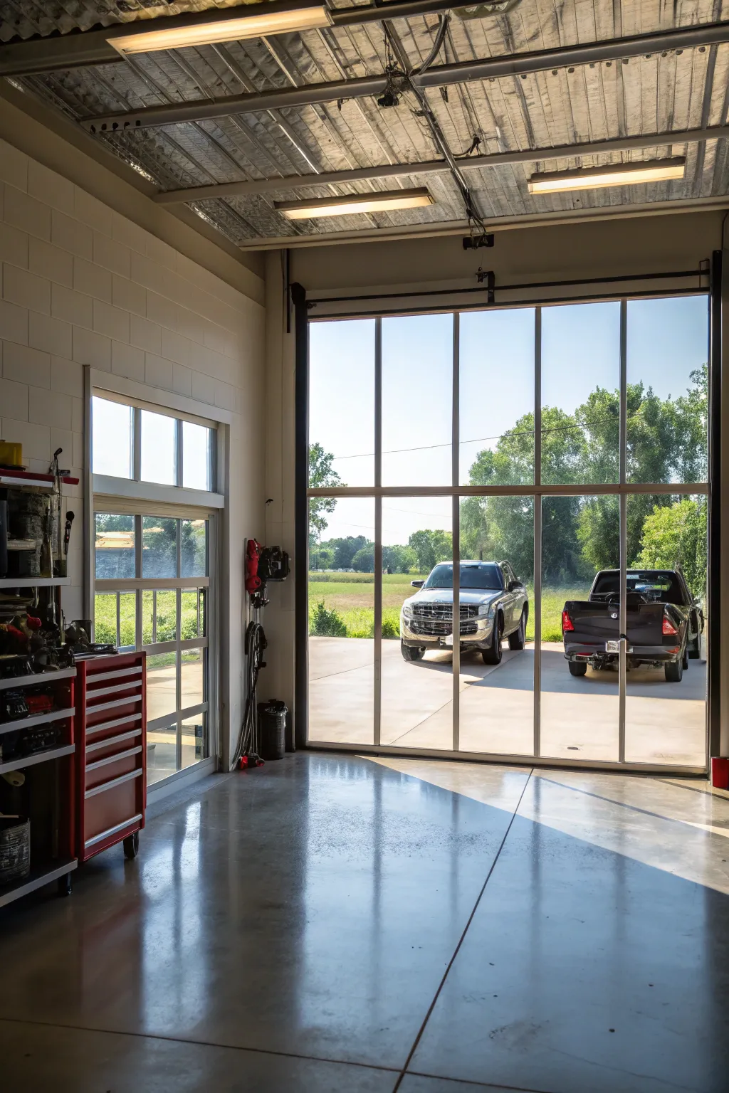 A garage with glass doors that let in ample natural light.