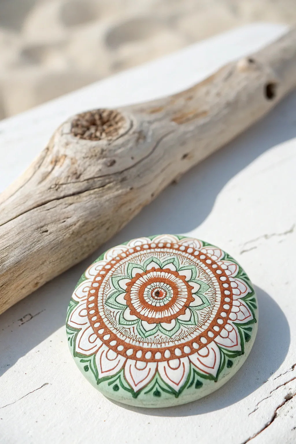 Unlock the calming allure of crafted mandalas on driftwood—simplicity meets artistry.