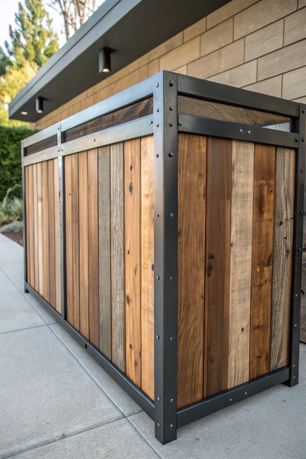 Elevate your space with eco-friendly elegance: a masterful blend of reclaimed wood and recycled metal.