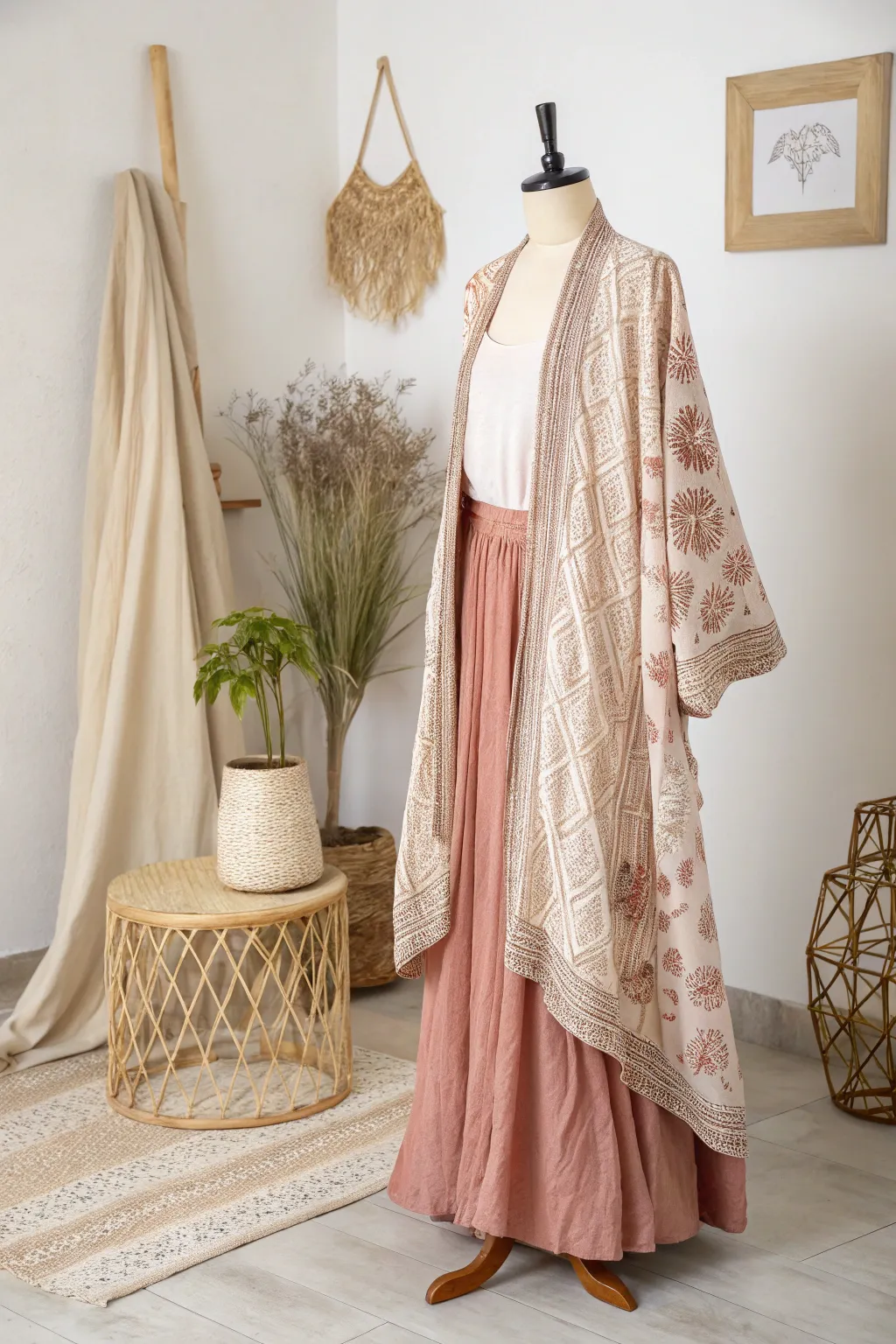 Embrace effortless elegance with this duster cardigan and midi skirt ensemble—a perfect blend of minimalism and boho charm.