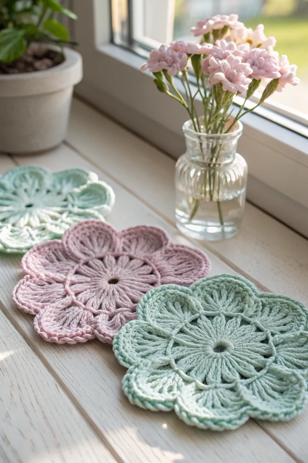 Brighten your space with the elegance of handcrafted spring flower coasters.