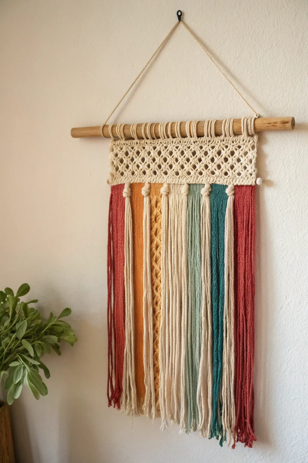 Add a touch of boho charm to your home with this upcycled fabric wall hanging, where craftsmanship meets minimalist elegance.
