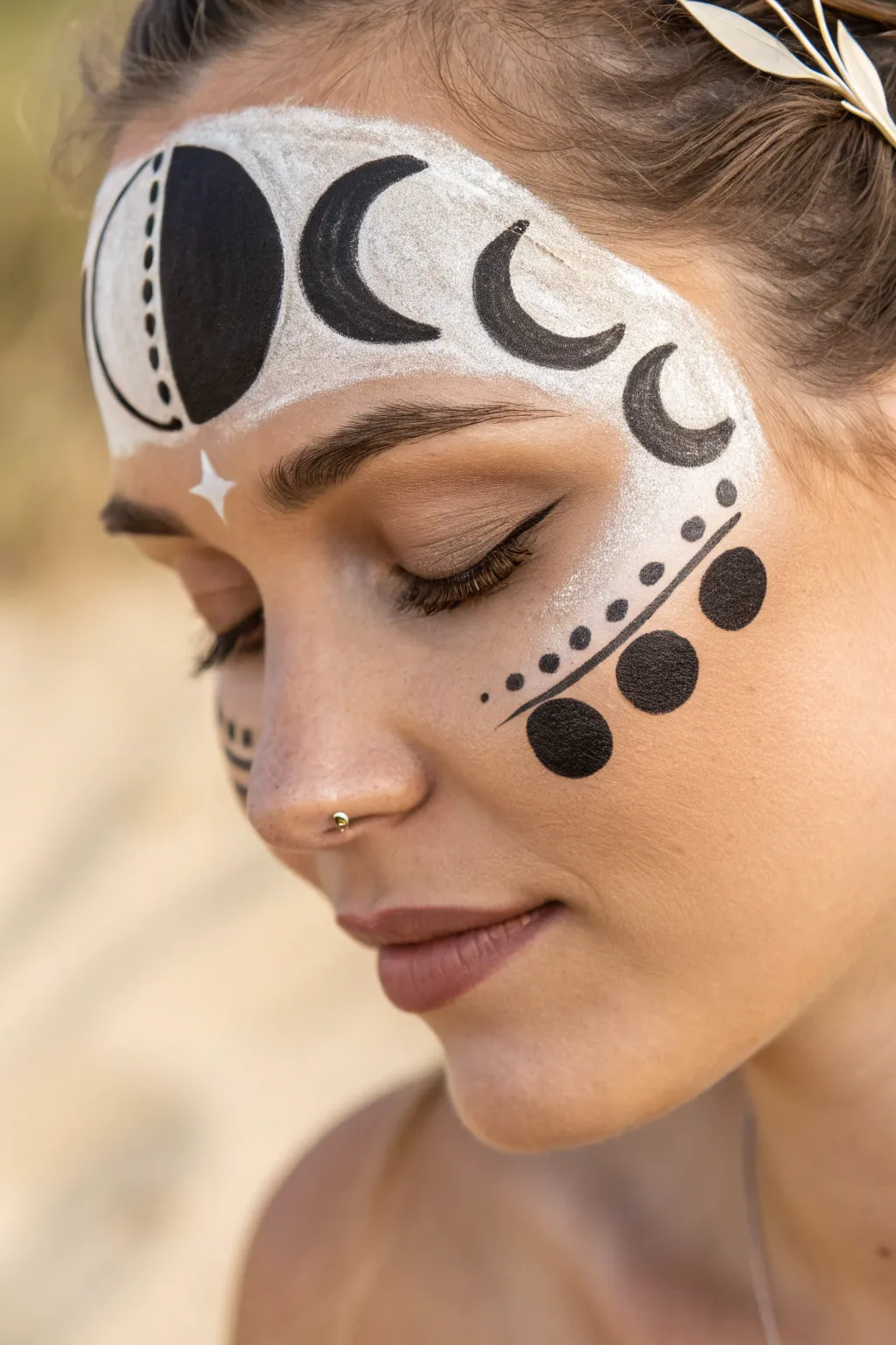 Embrace the celestial beauty of moon phases with minimalist face paint. Perfect for stargazers and lovers of Scandinavian simplicity.