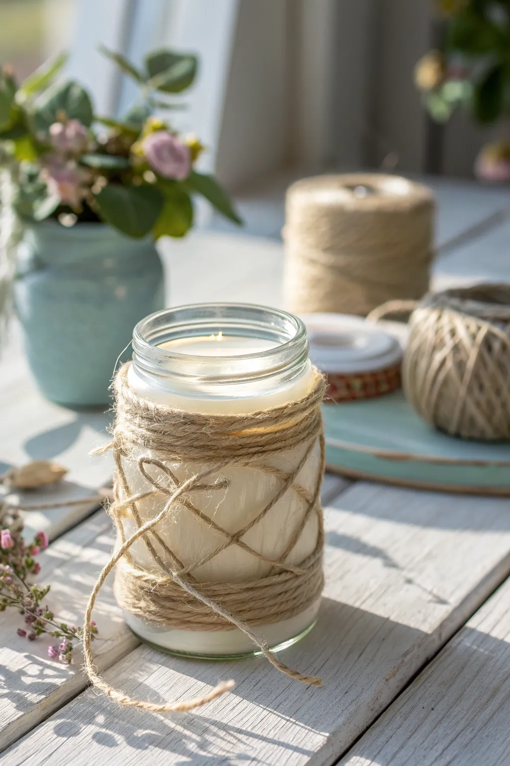 Transform everyday jars into rustic treasures with the art of twine wrapping – simplicity meets elegance.