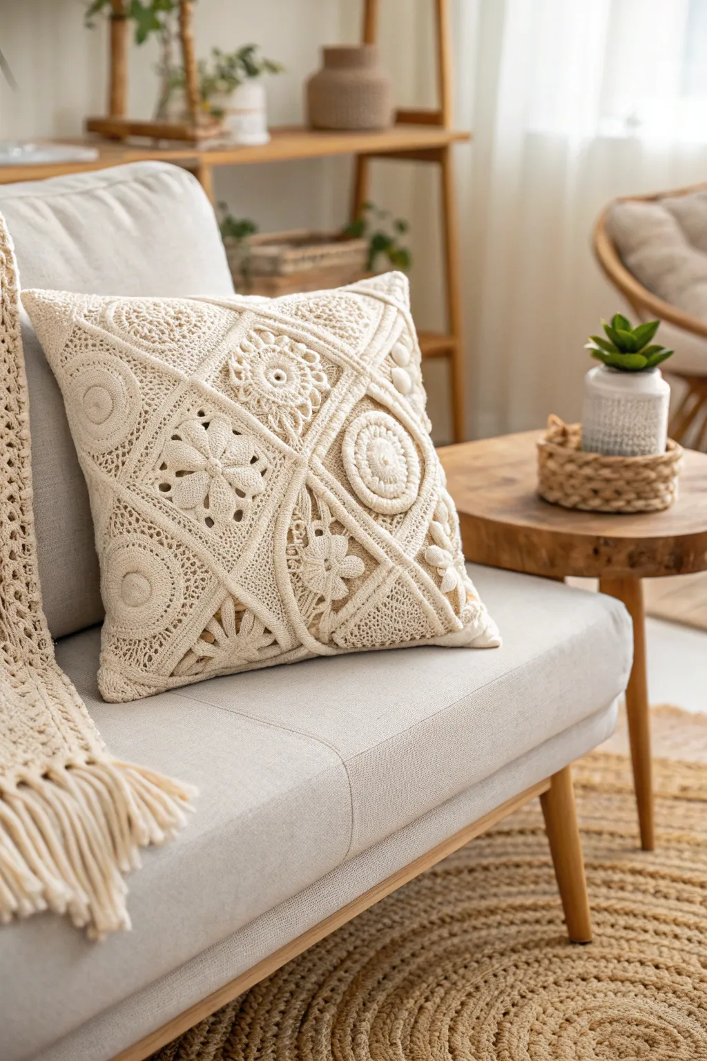 Add a touch of cozy elegance with handcrafted crochet cushions, perfect for a minimalist living space.