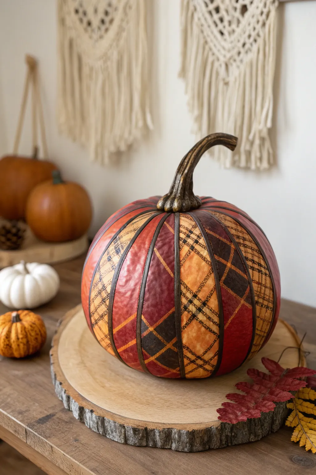 Embrace cozy cabin vibes with this charming plaid-patterned gourd, perfect for adding warmth to your autumn decor.