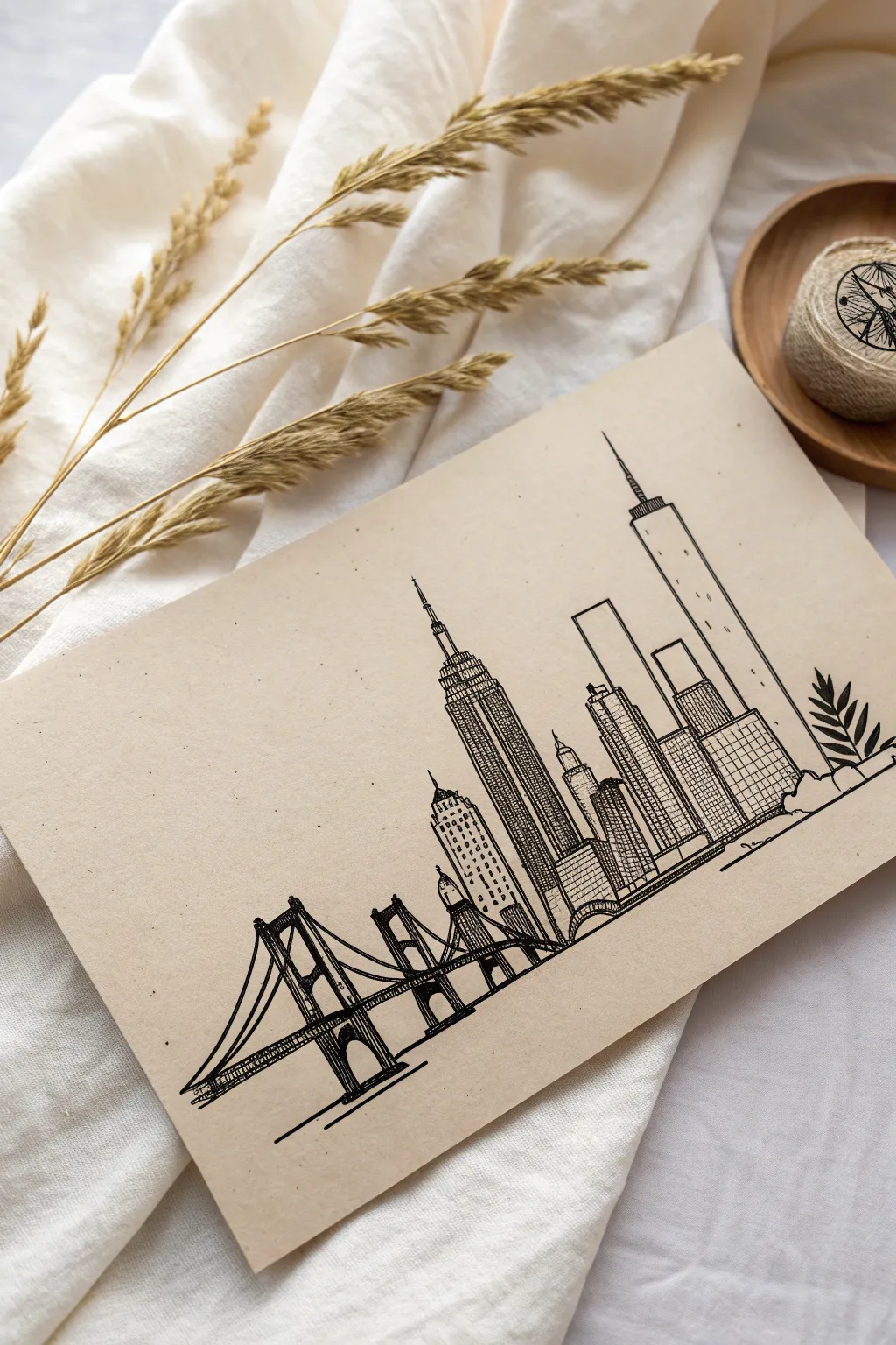 Bring the city's charm into your home with this Scandinavian-Boho inspired city skyline line drawing.