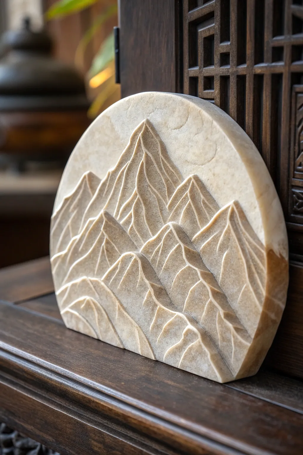 Embrace the serenity of nature with this masterfully carved mountain silhouette.