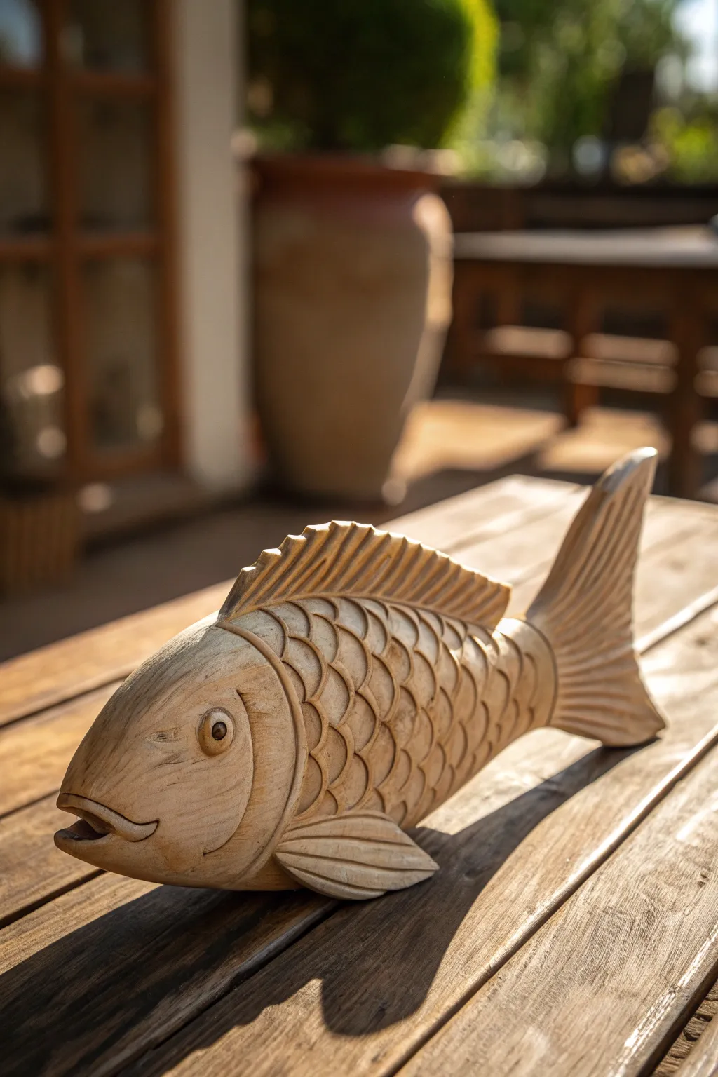 Masterful craftsmanship: a wooden fish that captures the art of whittling and the serenity of the sea.