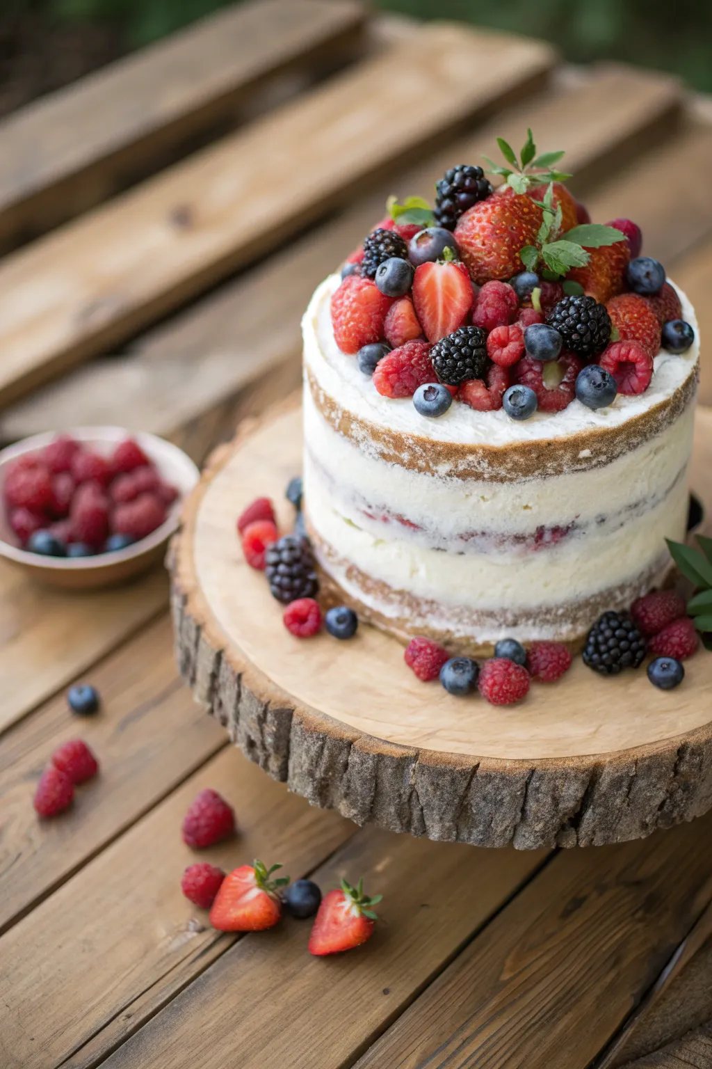 A rustic naked cake adorned with fresh berries for a natural look.