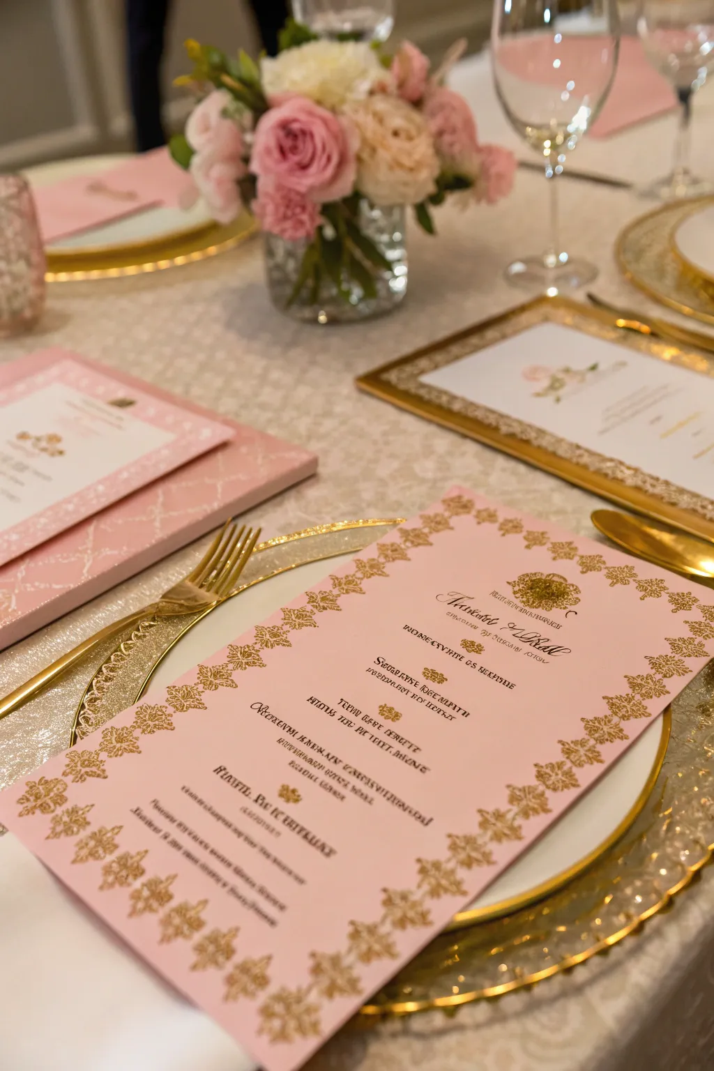 Pink and gold menus complement the elegant theme.