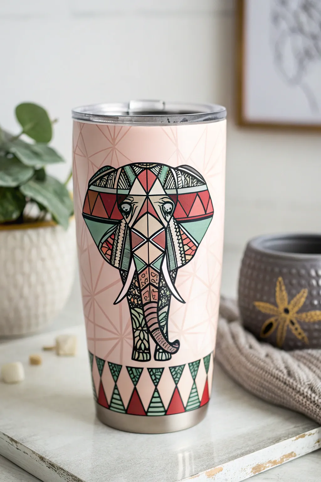 Elevate your decor with this stunning geometric elephant tumbler, where modern design meets natural elegance.