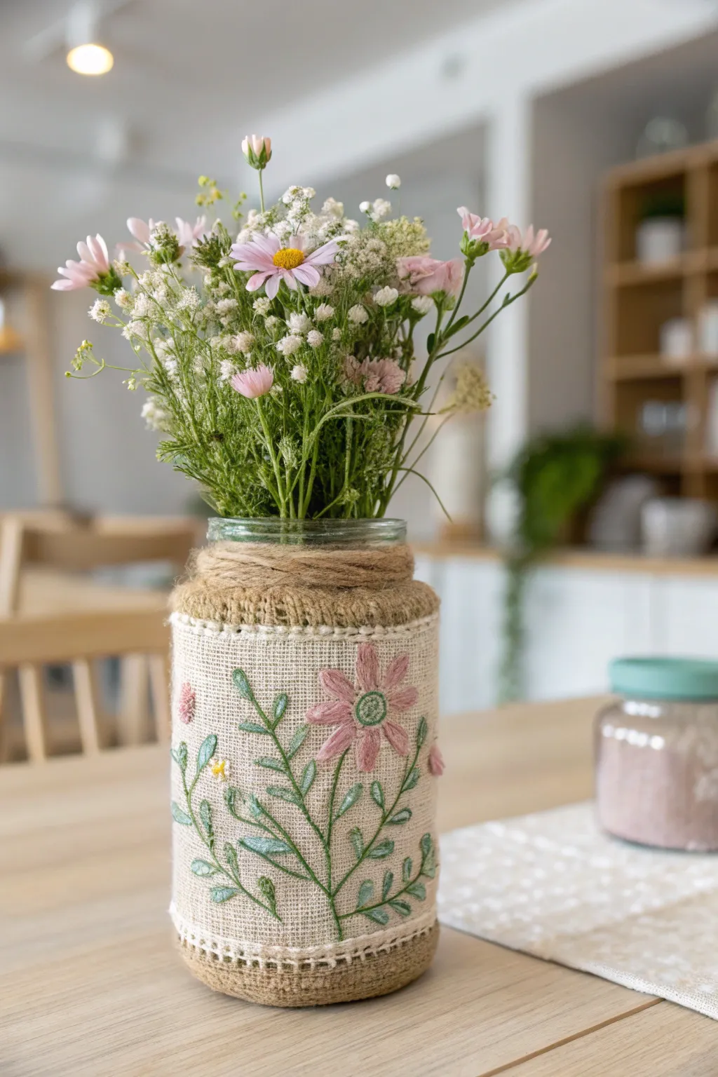 Elevate your wedding decor with these charming embroidered mason jar covers, perfect for adding a personalized, rustic touch to your special day.