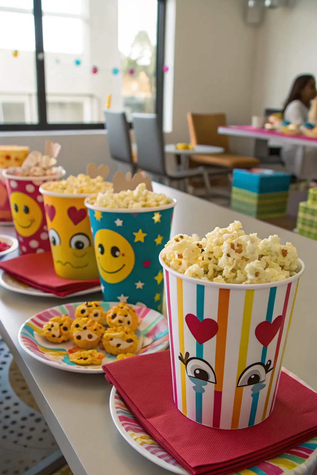 Cute and tasty emoji-themed popcorn containers delight guests.