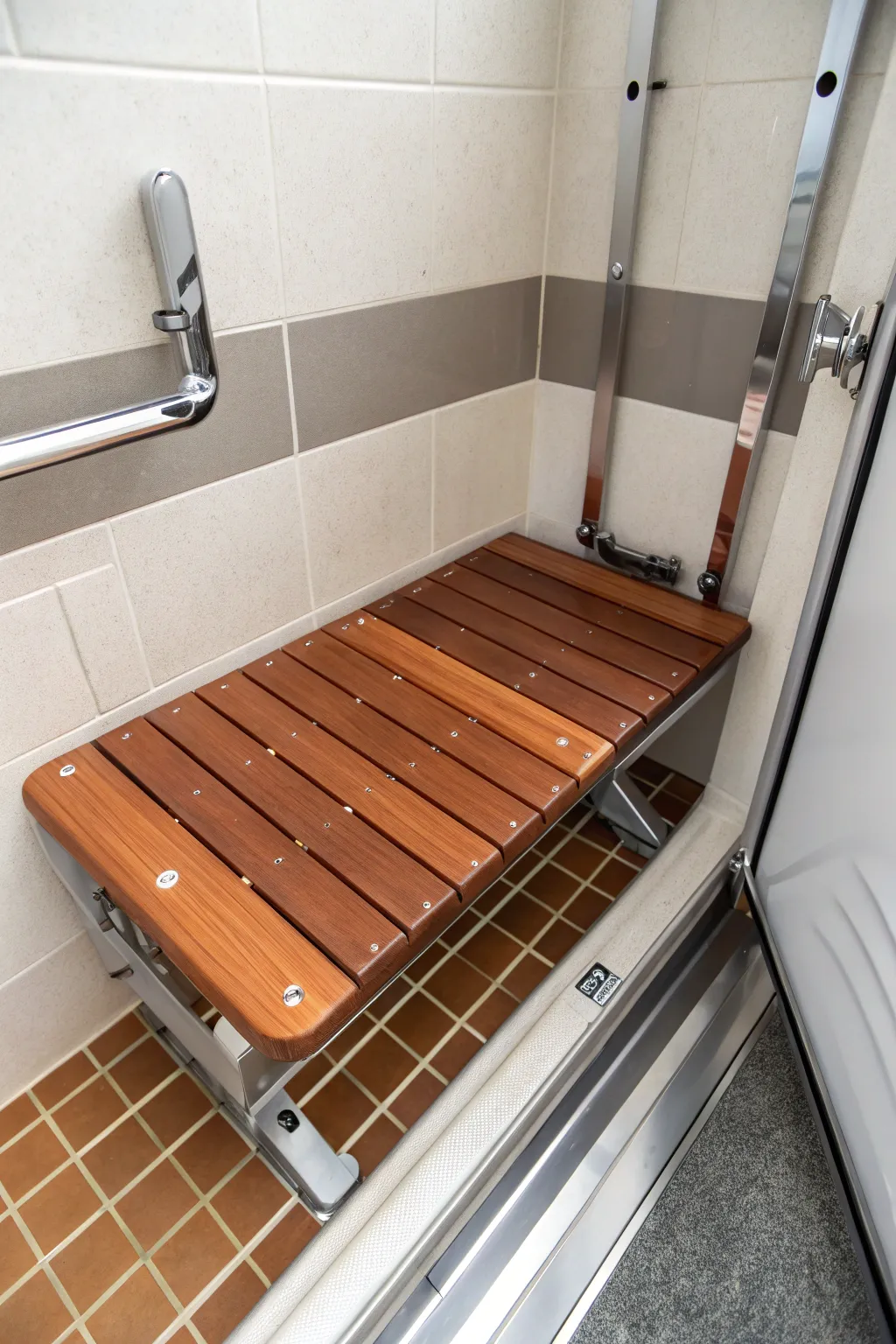 Space-saving luxury: Elevate your enclosed trailer bathroom with a foldable shower bench that combines style and functionality.