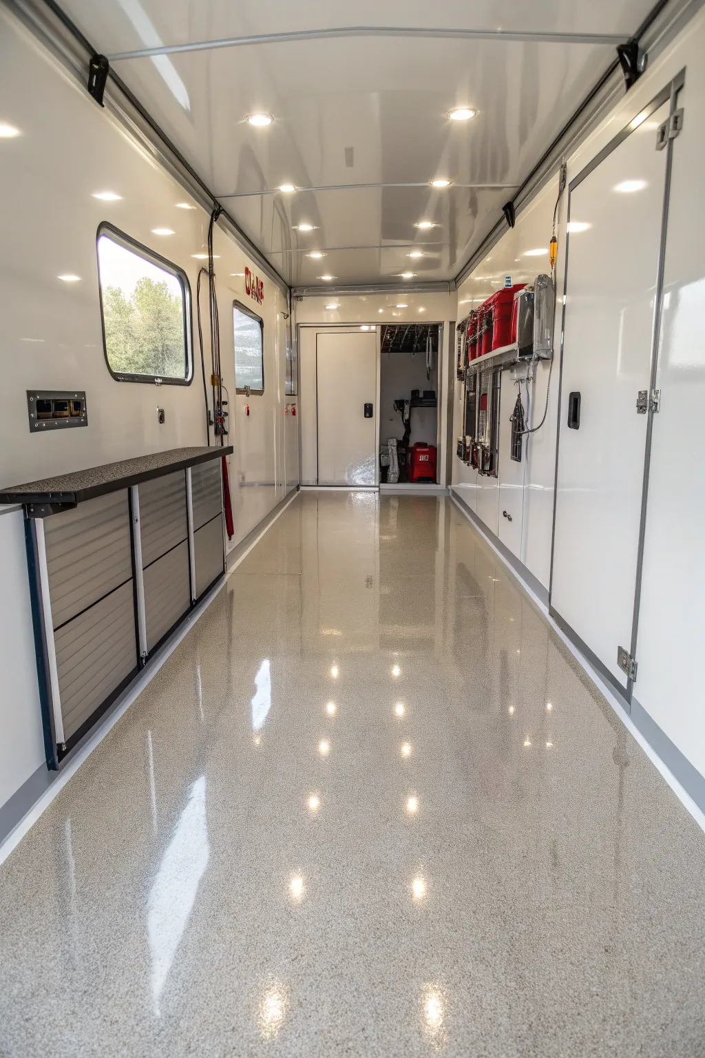 Achieve a pristine and durable finish with a glossy epoxy coating for your trailer's interior.