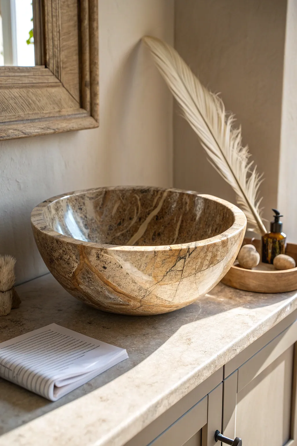 Elevate your entryway with the timeless elegance of a natural stone bowl, where simplicity meets sophistication.
