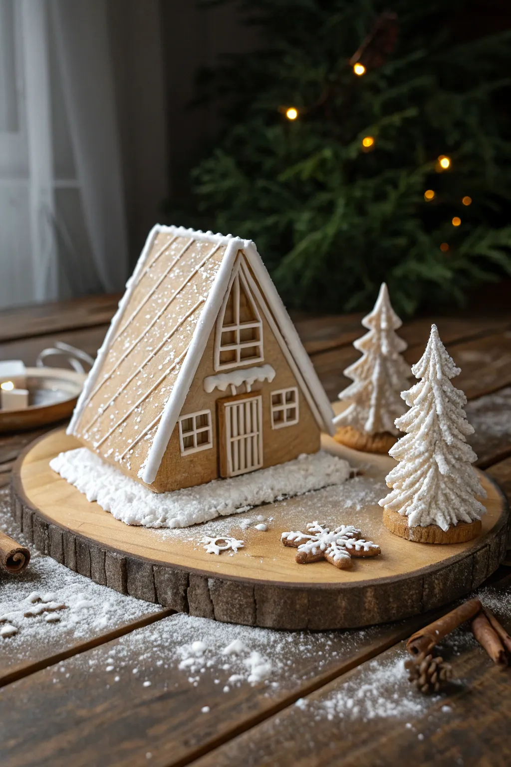 Capture the essence of minimalist winter charm with this elegant gingerbread A-frame cabin.