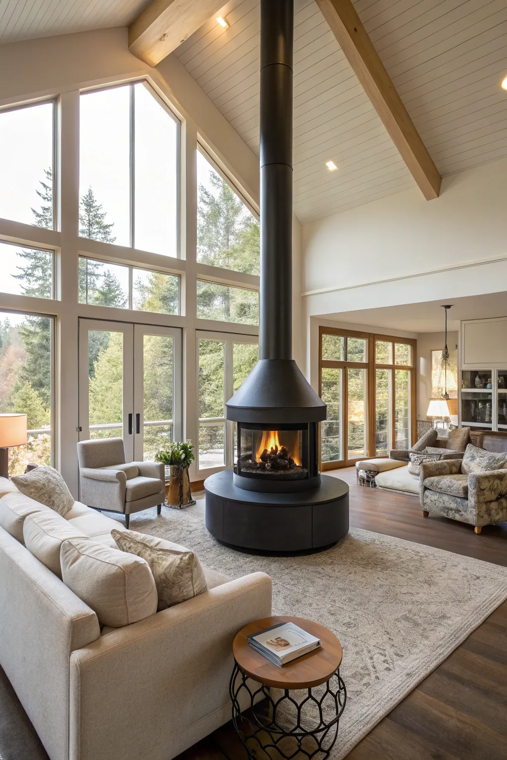 A 360-degree fireplace offering views of the flames from all angles.