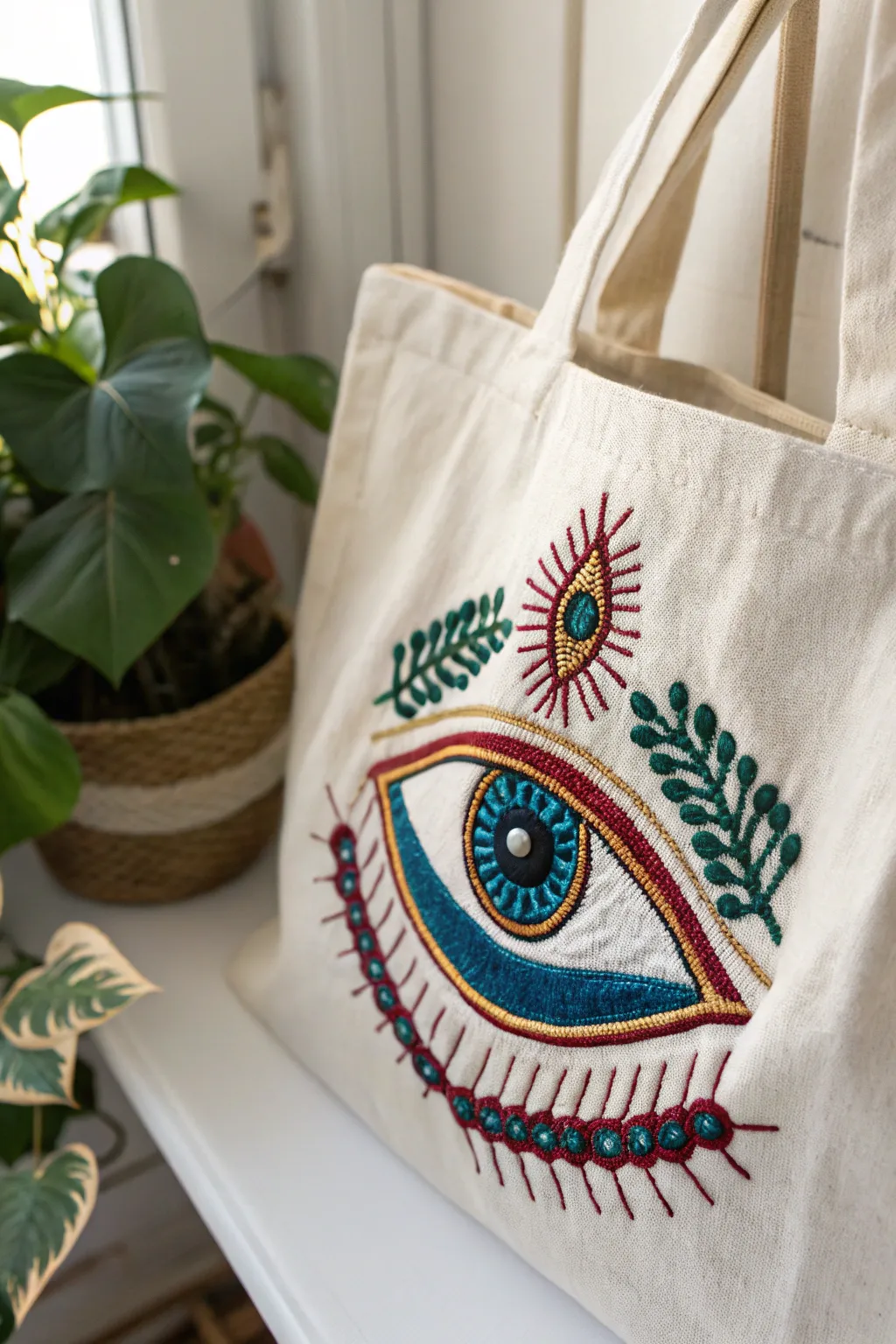 Carry art with you: Stunning embroidered eye on a minimalist canvas tote, perfect for those who love a blend of simplicity and bold detail.