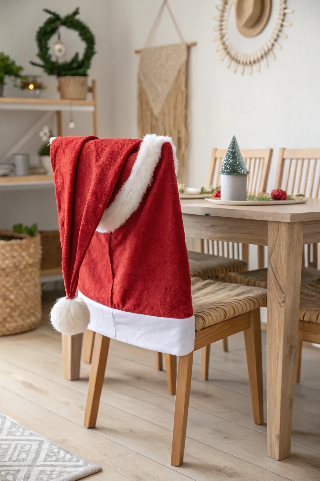 Add a touch of festive charm to your dining room with handcrafted Santa hat chair covers!