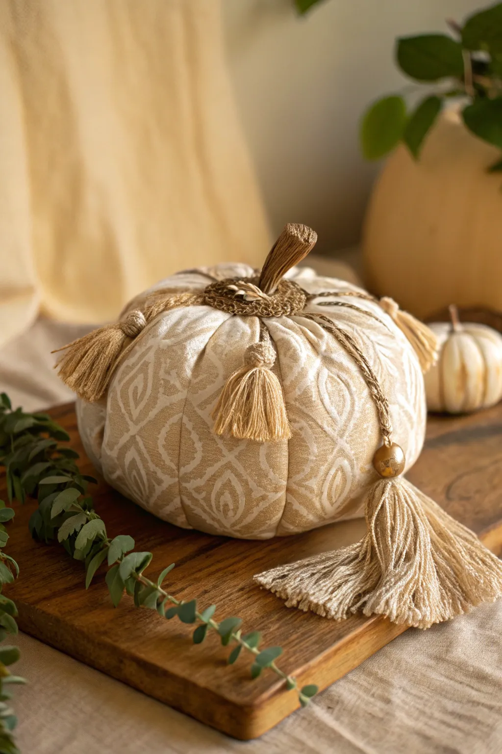 Embrace the boho beauty of handcrafted elegance with this tassel-adorned fabric pumpkin.
