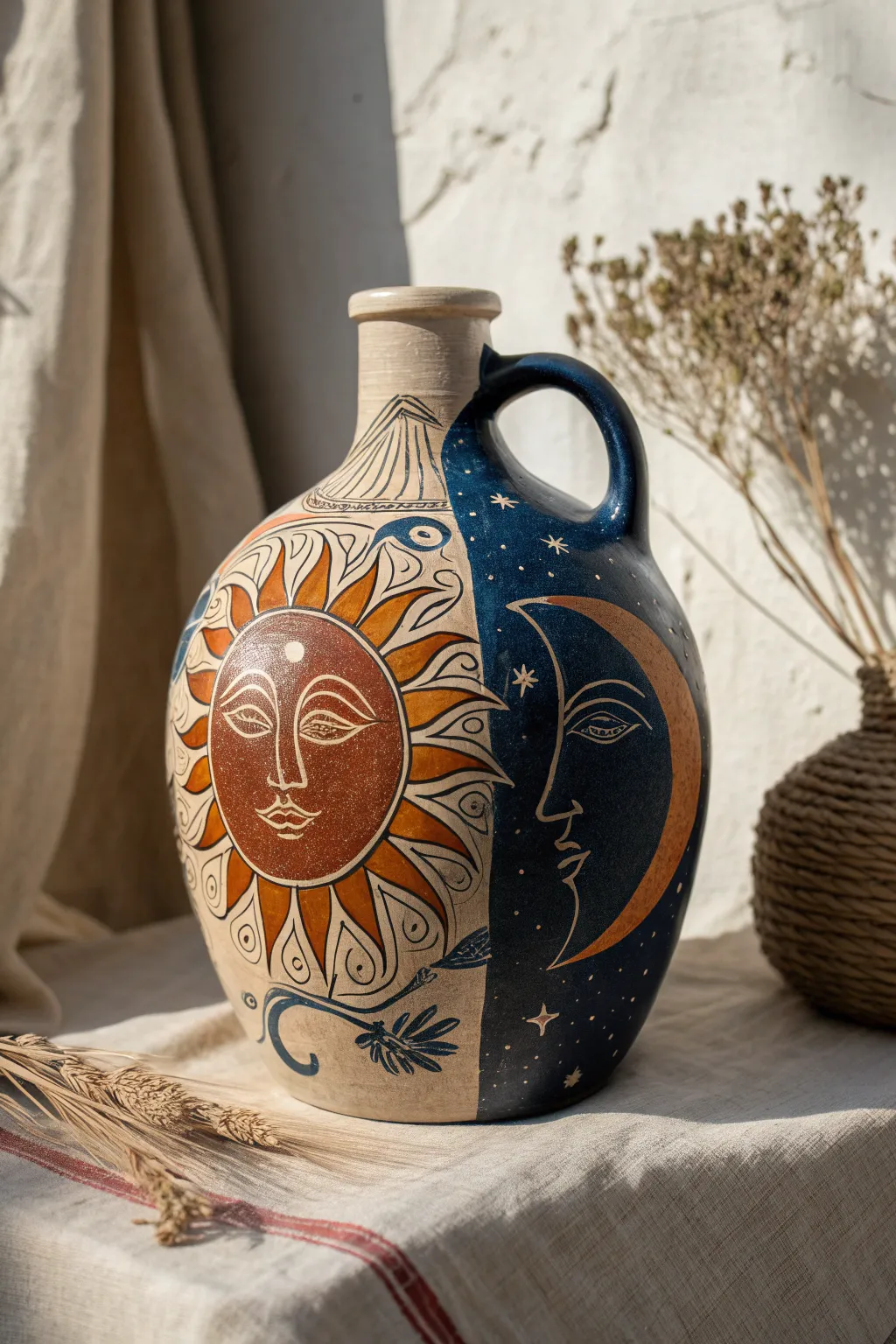 Embrace life's duality with this stunning face jug, where sun meets moon in a dance of colors and craftsmanship.