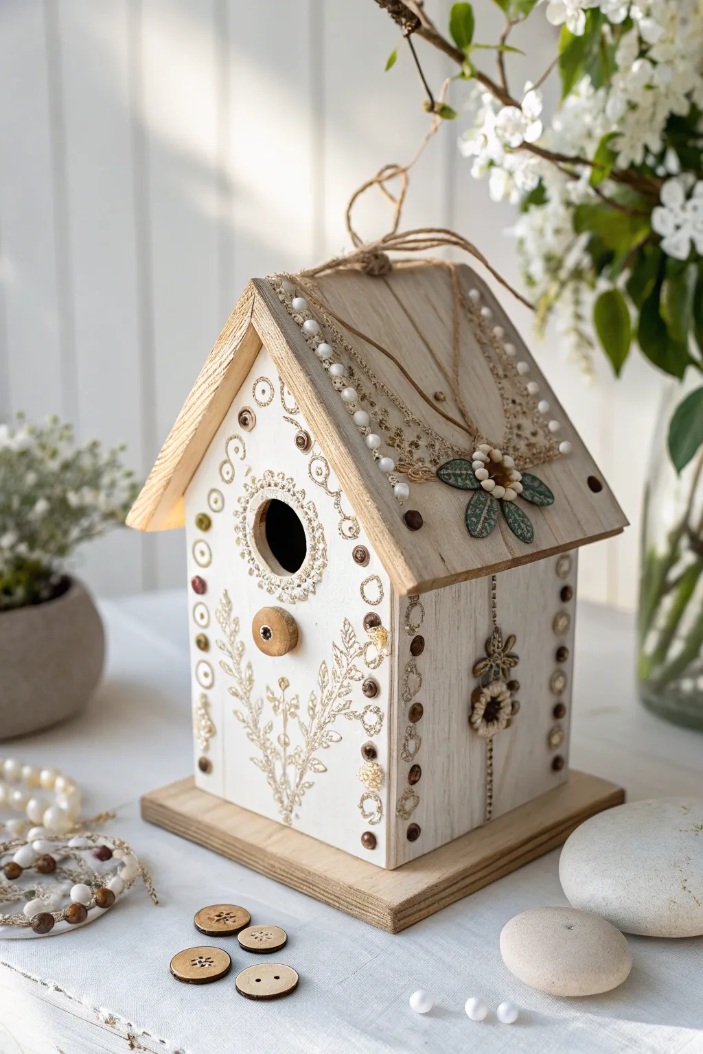Discover the charm of simplicity with this beautifully adorned fairy birdhouse, where buttons and beads add a playful touch to minimalist elegance.