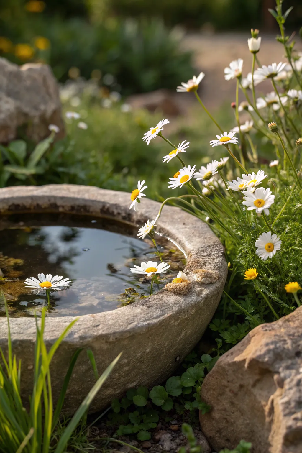 Embrace the charm of a fairy garden with vibrant daisy borders around a serene pond.