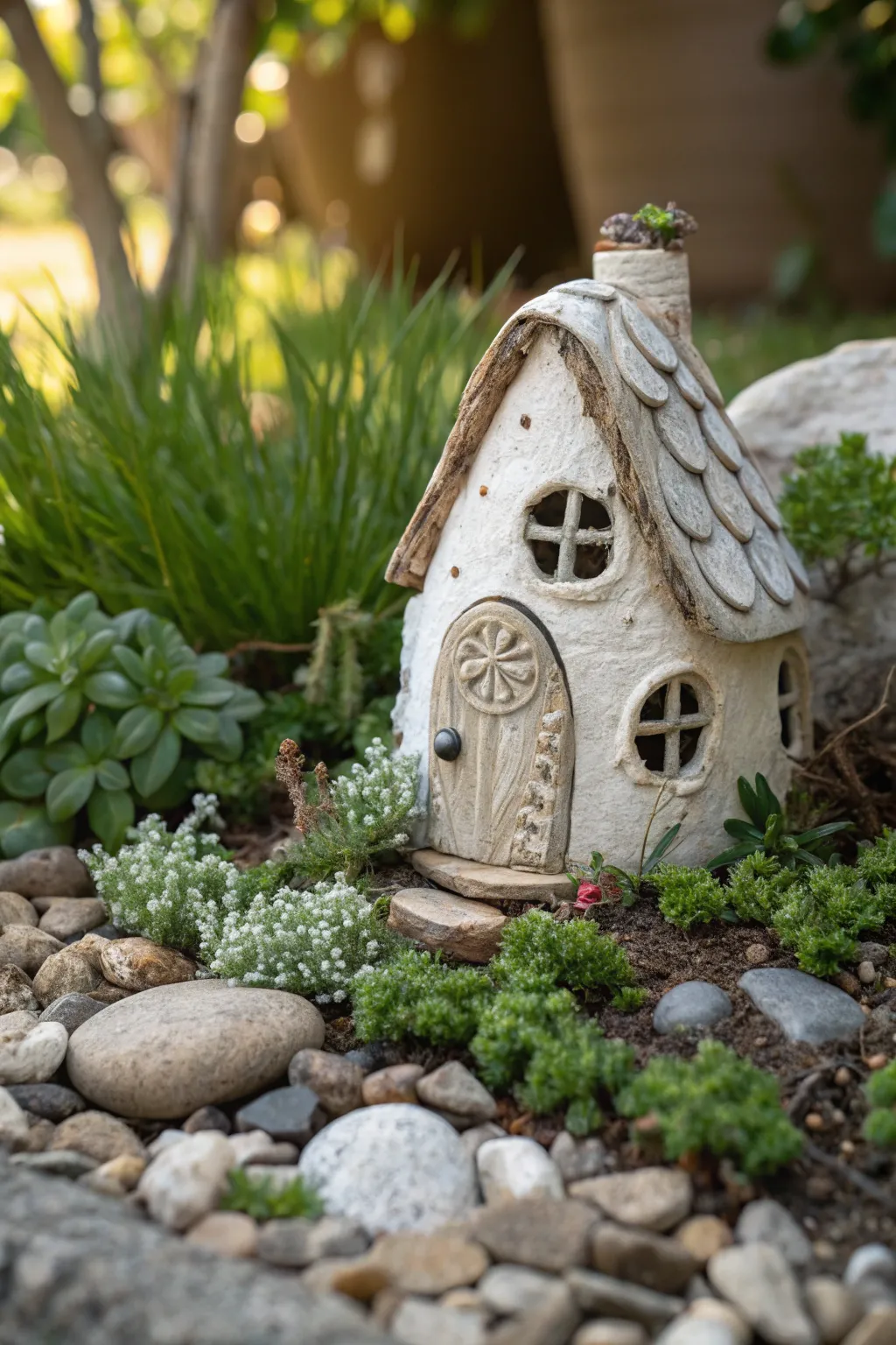 Discover the magic of simplicity with this enchanting clay fairy house in a miniature garden paradise.