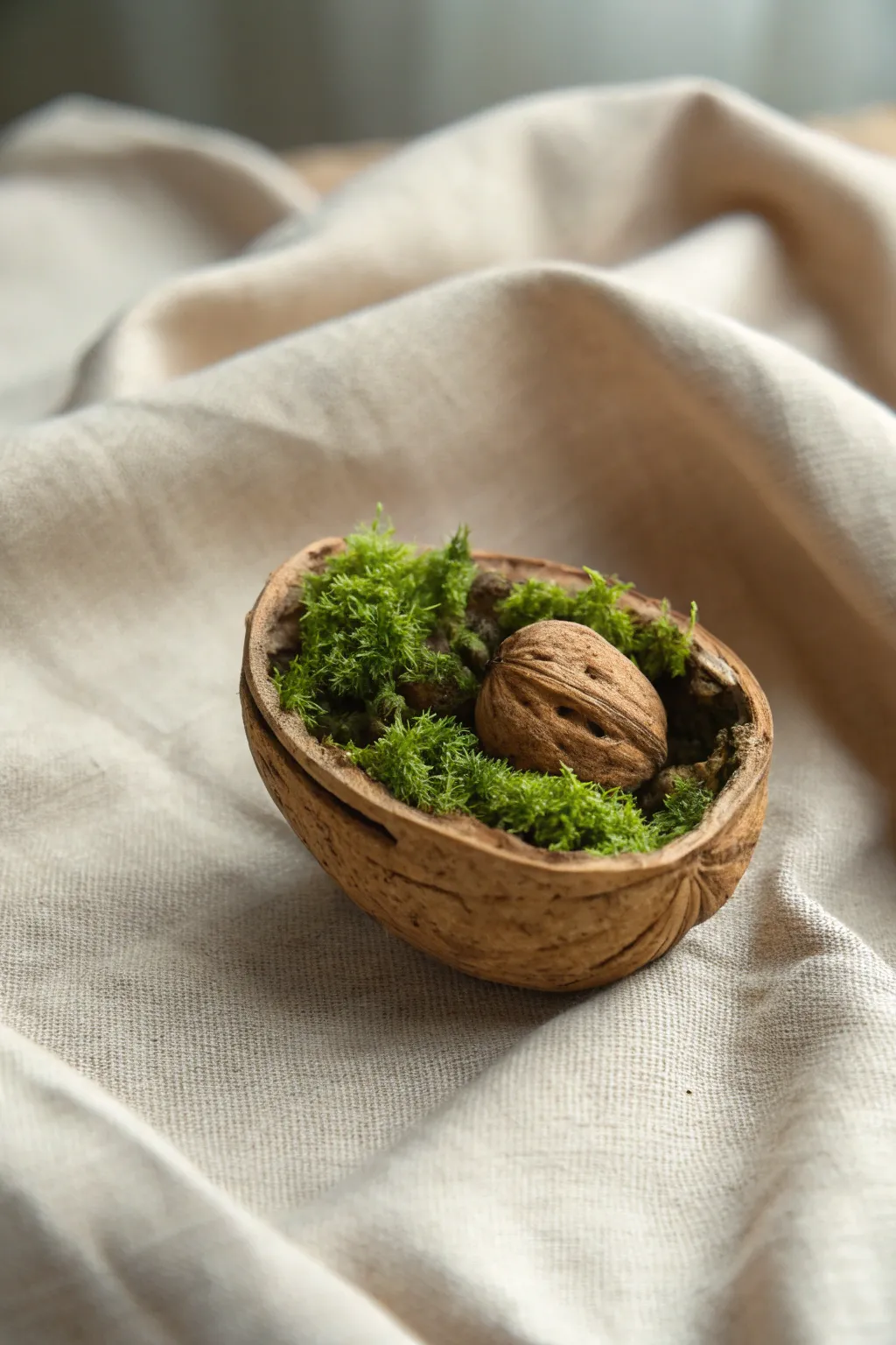 Discover the enchanting charm of a fairy's cozy retreat with this moss-filled walnut shell bed.