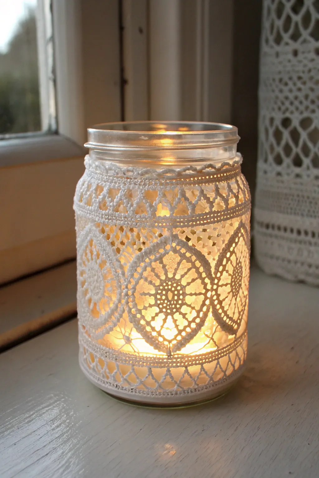 Illuminate your space with a touch of vintage charm using a lace-wrapped fairy jar. 🌟✨ #ScandinavianMinimalism #BohoElegance