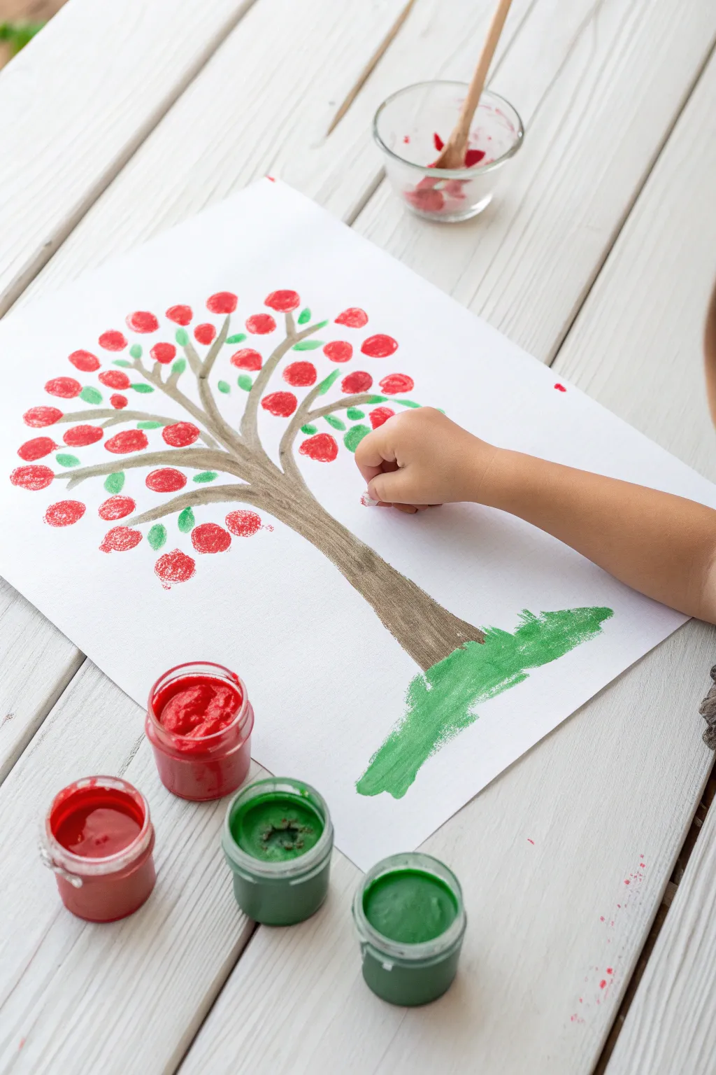 Tiny fingers, big creativity: Crafting apple trees with paint and imagination!