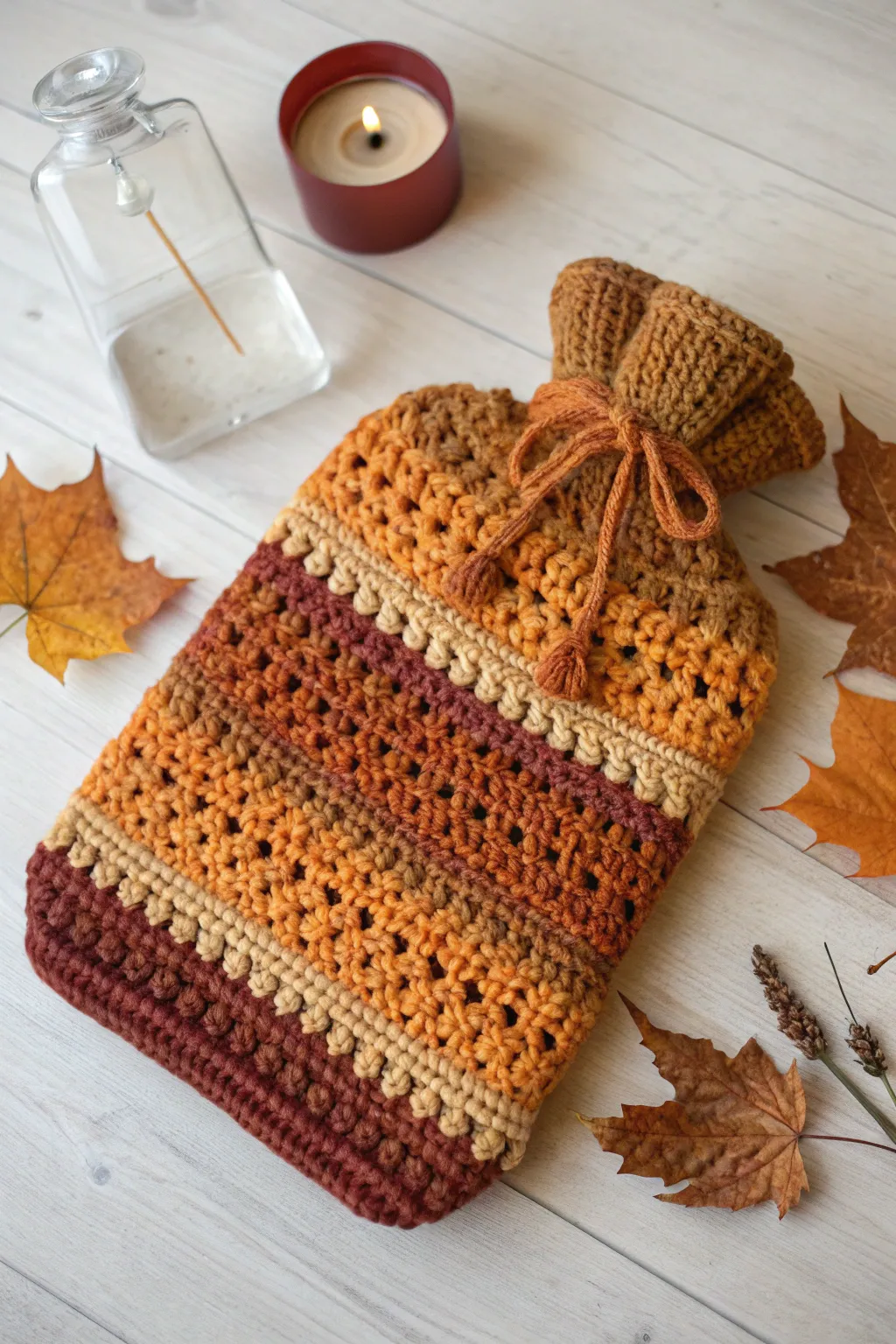 Warm up your fall with a handcrafted touch: a cozy crocheted hot water bottle cover in autumn's finest hues.