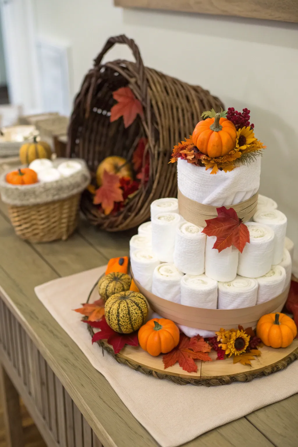 A Cornucopia of Joy: Celebrate the season with this stunning fall diaper cake centerpiece.