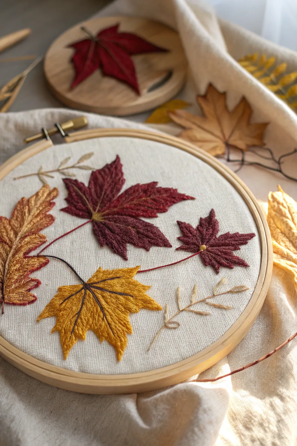 Capture the essence of autumn with this enchanting leaf embroidery hoop, a perfect blend of simplicity and natural beauty for your home decor.
