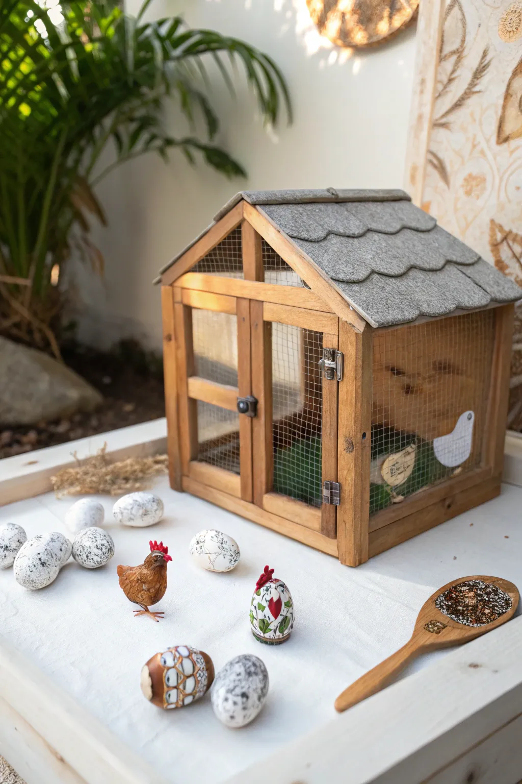 Tiny Farm Charm: A Scandinavian-Boho Miniature Chicken Coop Delight