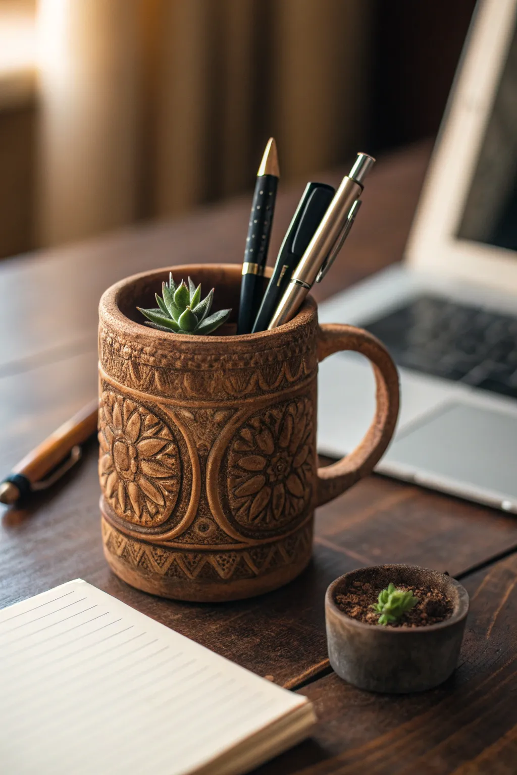 Elevate your workspace with functional art: a handcrafted mug that symbolizes both utility and cherished memories.