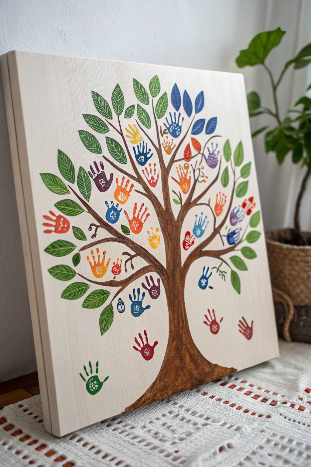 Celebrate family ties with a Tree of Life handprint art, a perfect blend of minimalism and vibrant colors.