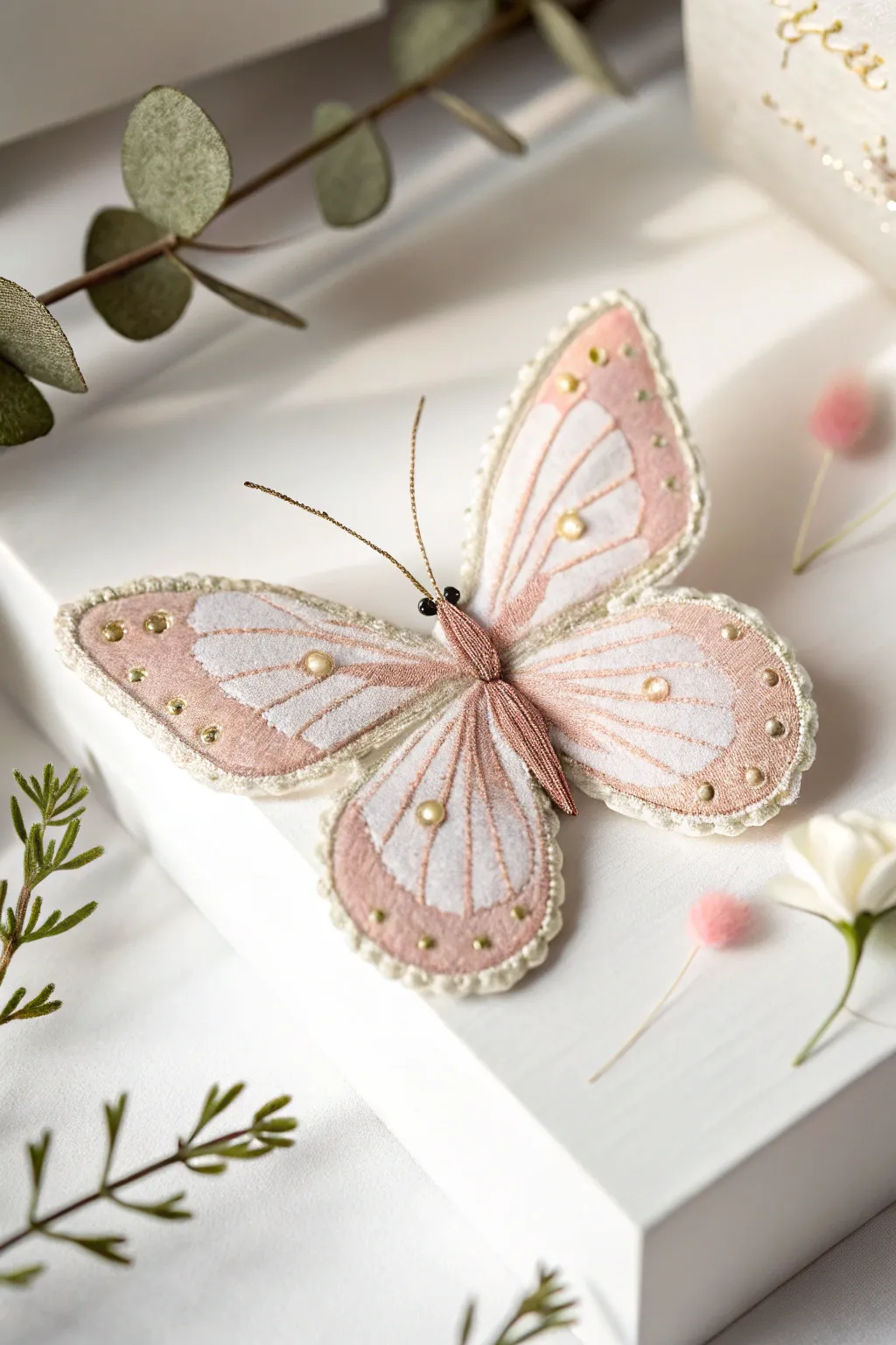 Capture the essence of elegance with this handcrafted felt butterfly, where simplicity meets natural beauty.