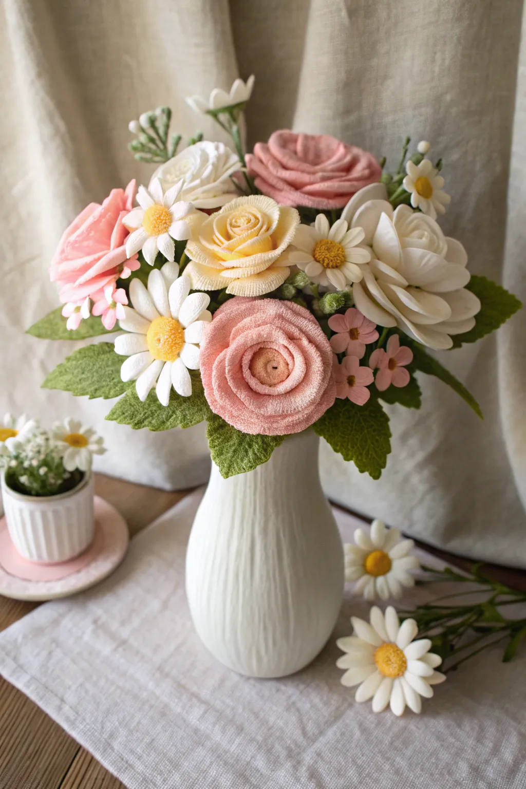 Elevate your home decor with the timeless beauty of handcrafted felt flowers. Perfect for those who cherish simplicity and elegance.