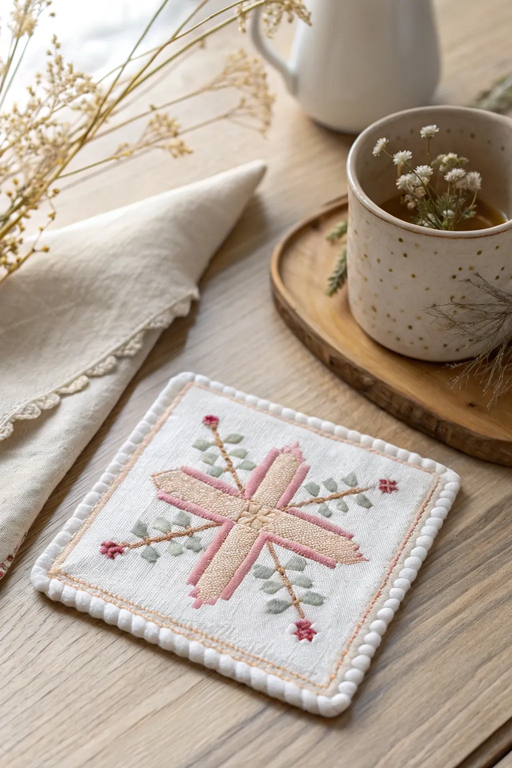 Elevate your table setting with handcrafted cross stitch coasters - a perfect blend of practicality and elegance.