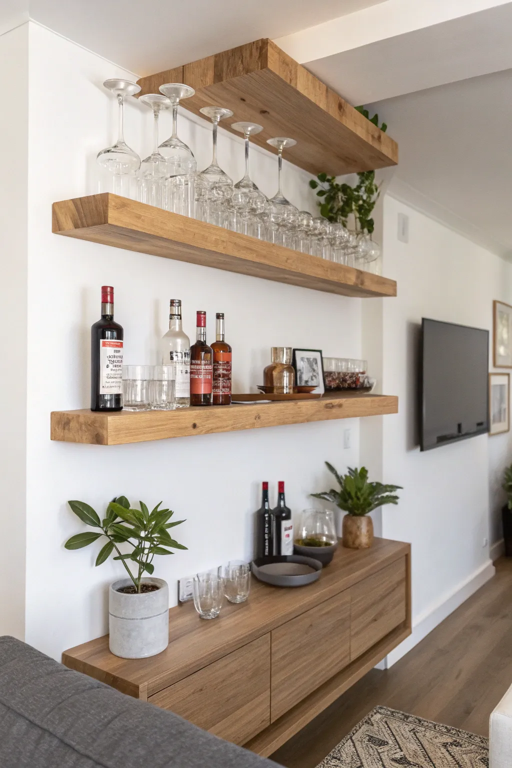 Elevate your space with a chic floating bar—where minimalist design meets bold elegance.