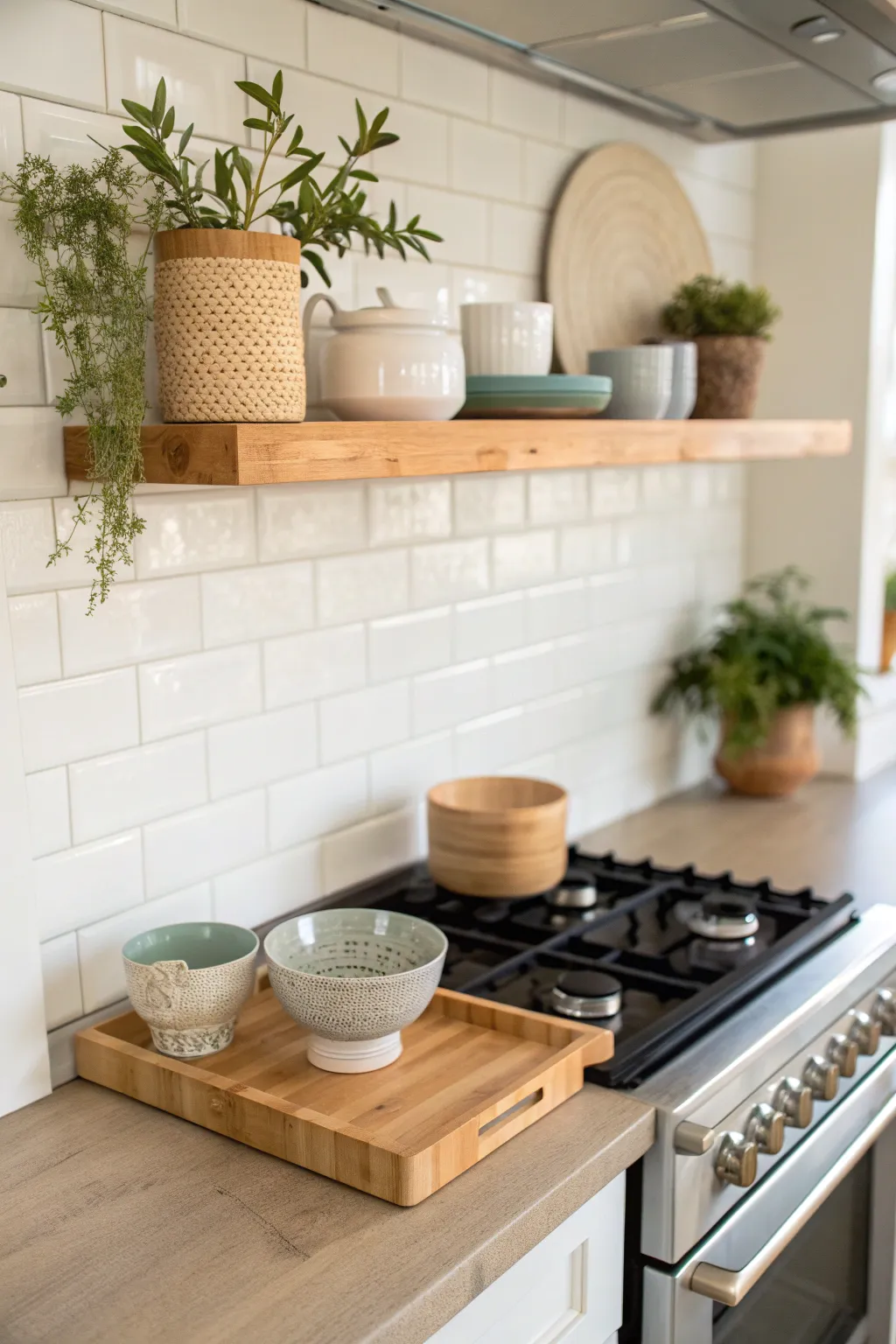 Enhance your kitchen with the natural elegance of bamboo floating shelves. #NaturalHarmony #KitchenInspiration