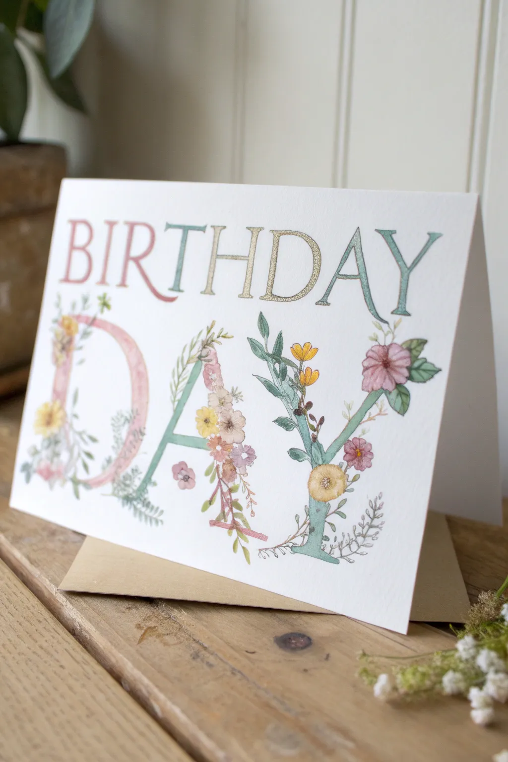 Celebrate with elegance and nature's touch: A floral typography birthday card that speaks volumes through simplicity.